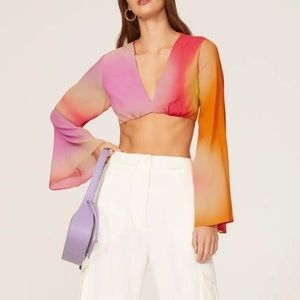 Nicole Miller Runway Crop Top 70s Ombré Silk Laced Open Back Flare Long Sleeve